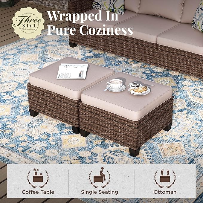 Patio Furniture Set, 6 Pcs Wicker Rattan Outdoor Conversation Set, 2 x Leg Chairs, 1 x 3 Seater Sofa and 2 x Ottoman with 4" Thick Cushion and 56" Fire Pit Table, Beige