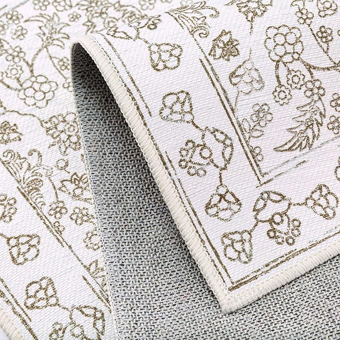 Floral Area Rug 6x9 Washable Taupe Carpet Non Slip Large Boho Thin Farmhouse Throw Accent Rug for Living Room Bedroom Office Kitchen Bathroom