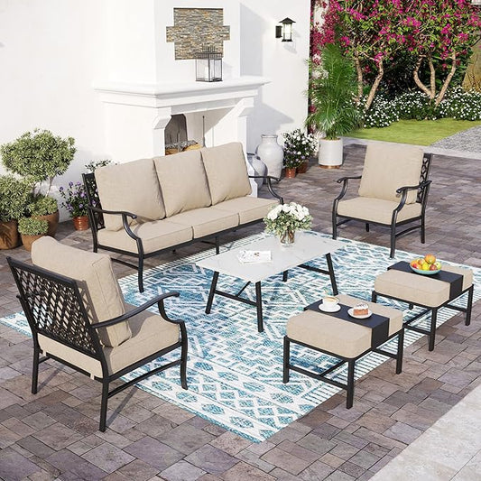 Patio Furniture Set, Modern Metal Outdoor Patio Furniture, 3 Seater Sofa, 2 Single Chairs, 2 Ottomans, Coffee Table and 5.75" Extra Thick Cushion, Patio Conversation Set for Backyard