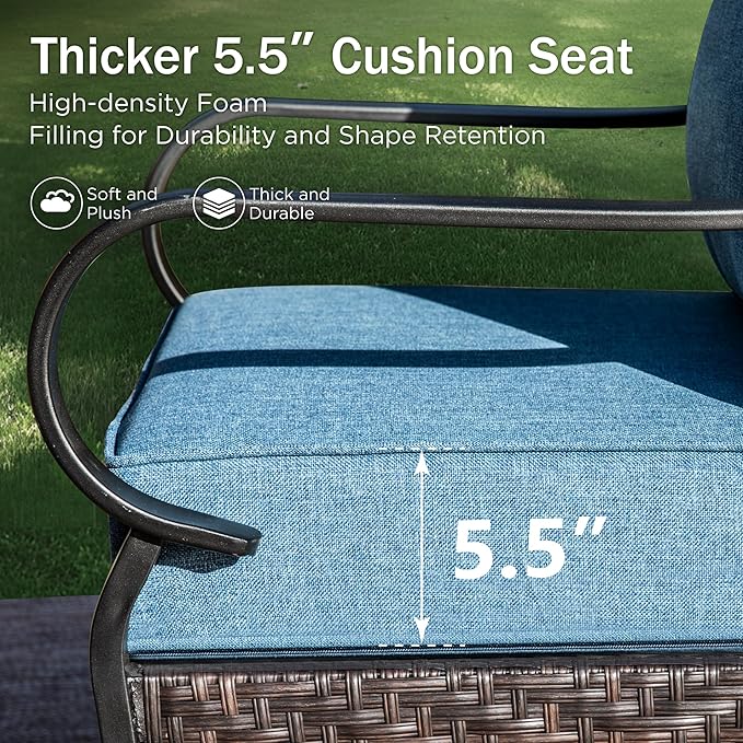 PHI VILLA Outdoor Patio Furniture Set, Upgraded Wicker&Metal Patio Conversation Set with Waterproof Thick Cushions for Porch, Poolside, Deck, and Yard (4 Pieces,Navy)