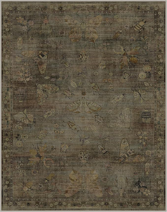 GENIMO 8x10 Area Rugs for Living Room, Machine Washable Non Slip Vintage Rugs, Low Pile Lightweight Chenille Print Rug for Bedroom, Dining Room, Home Office, Moss Taupe