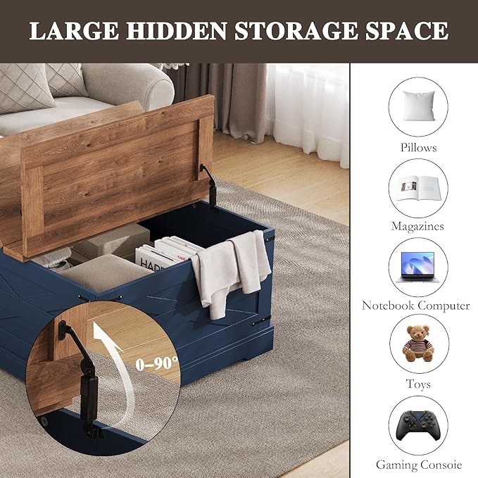 Farmhouse Coffee Table with Hidden Storage, Navy Blue Square Coffee Table for Living Room, Wood Large Center Table with Hinged Lift Top for Home, Office
