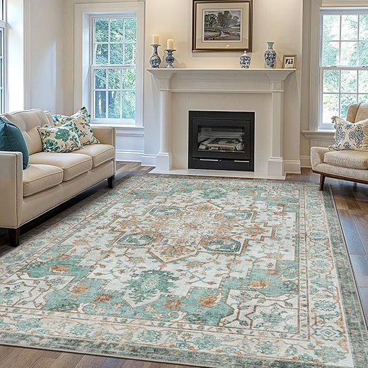 GENIMO 10x12 Area Rugs for Living Room, Machine Washable Non Slip Vintage Rugs, Low Pile Lightweight Chenille Print Rug for Bedroom, Dining Room, Home Office, Cyan