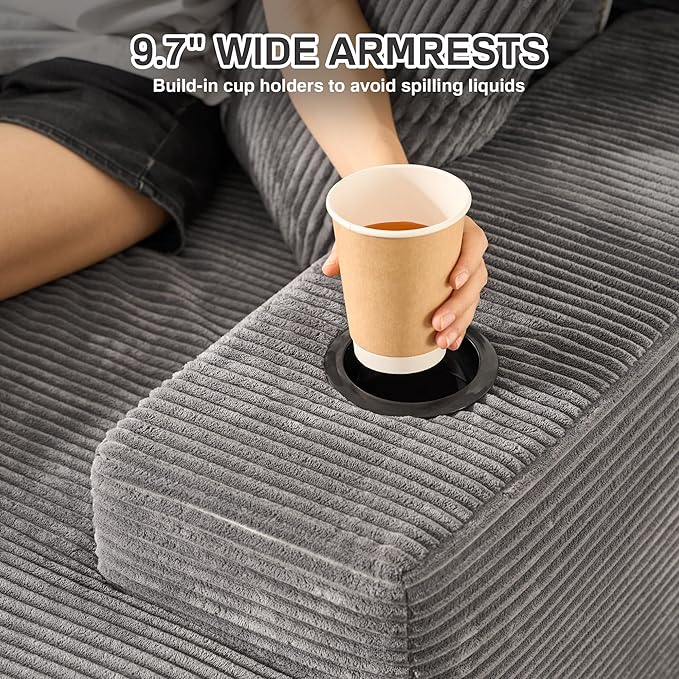 Chaise Lounge Chair Indoor, 67" Oversized Comfy Corduroy Sleeper Sofa Bed with Cup Holders and Wide Armrests, Boneless Upholstered Recliner Bed, Modern Cloud Couch for Living Room, Grey