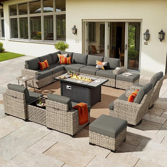 HOOOWOOO Outdoor Sectional Patio Furniture Set with Fire Pit Table,15 Pieces Wicker Conversation Sets L Shaped Couch,Extra Deep Out Door Sofa Outside Furniture with Swivel Chairs Ottomans,Black