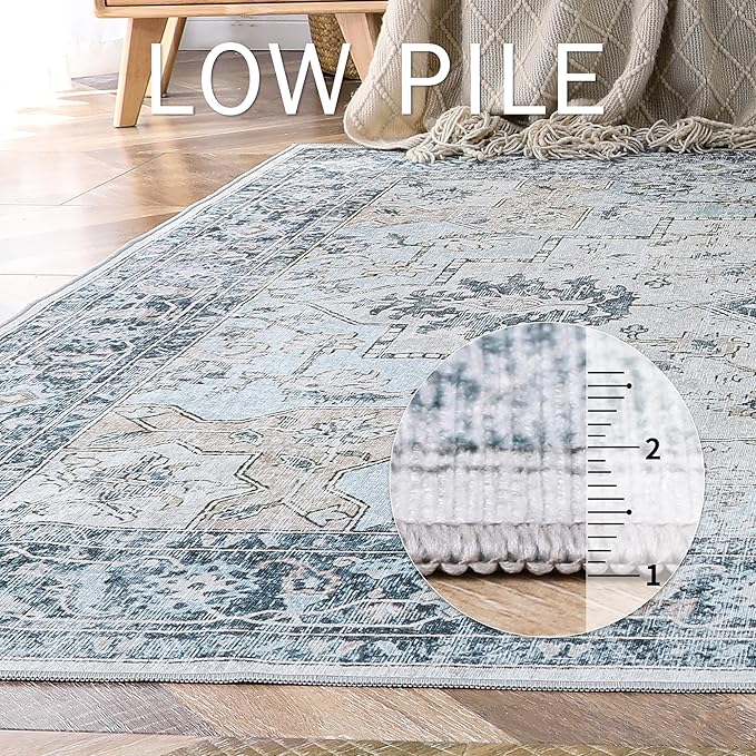 GENIMO 5x8 Area Rugs for Living Room, Machine Washable Low Pile Rugs, Chenille Non Alip Vintage Rug for Bedroom, Dining Room, Home Office, Blue