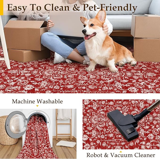 Christmas Area Rug 4x6 Red Washable Office Carpet Holiday Door Mat Vintage Low Pile Distressed Retro Floral Throw Non Slip Soft Decorative Xmas Rug for Entryway Kitchen Bedroom Bathroom