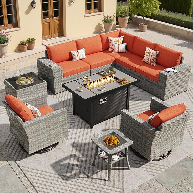 ovios 10 Pieces Patio Furniture Set, Outdoor Wicker Sectional Sofa with 42" Fire Pit Table Swivel Chairs, Modern Modular Deep Seat Rattan Couch Conversation Sets, Orange Red