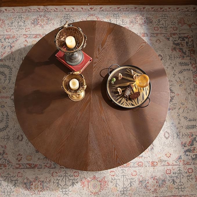 Round Coffee Table, 38.97" Circle Accent End Table, Morden Drum Side Table, Fluted Wooden Center Table for Living Room, Fully Assembled - Walnut and Black