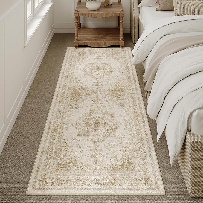 Runner Rug 3x7 Cream Hallway Washable Beige Carpet Non Slip Vintage Medallion Beige Carpet Low Pile Soft Distressed Retro Indoor Long Rug for Entryway Kitchen Bathroom Laundry Bedroom