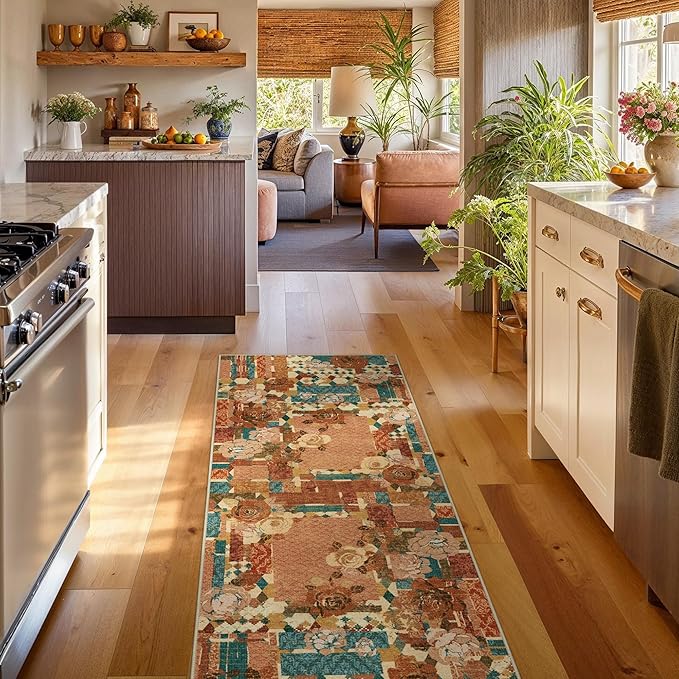 GENIMO Floral Runner Rug 2X6, Machine Washable Non Slip Vintage Patchwork Hallway Runner, Ultra-Thin Low Pile Runners for Indoor Entryway, Hallway, Kitchen and Corridor,Rose Red