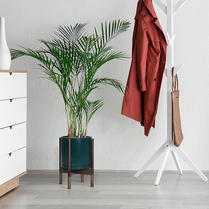 D'vine Dev Ceramic Planter with Walnut Color Stand - 10 Inch Modern Round Flower Pot with Wood Planter Holder, Teal, 55-B-X-4