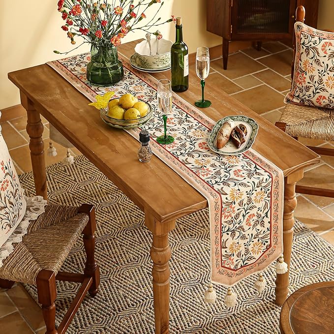 ISAENNE Designer French Elegant Linen Extra Long Table Runner 118 Inches,Farmhouse Lily Pattern Decor Table Runners for Dining Tables,Thanksgiving,Kitchen Tables,Christmas,12"*118"-Aurora A