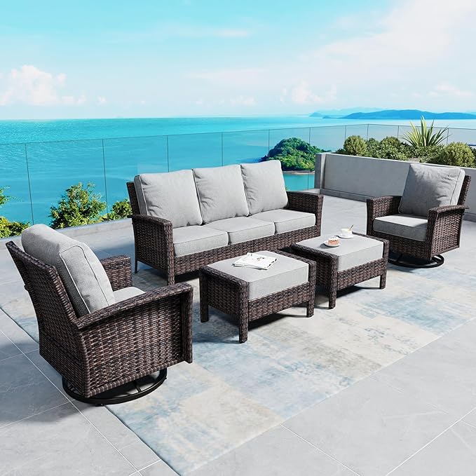 5 Pieces Patio Furniture Set with Swivel Chairs, High Back Wicker Rattan Sofa with Extra Thick Cushion and Ottoman, Outdoor Conversation Set for Garden Backyard Deck, Grey