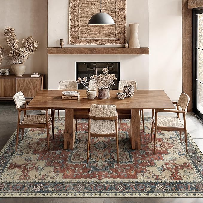 GENIMO 10x14 Area Rugs for Living Room, Machine Washable Non Slip Vintage Rugs, Low Pile Lightweight Chenille Print Rug for Bedroom, Dining Room, Home Office,Bordeaux