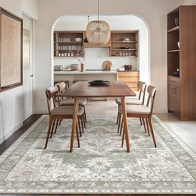 GENIMO 9x12 Area Rugs for Living Room, Non Slip Machine Washable Vintage Rugs, Low Pile Lightweight Chenille Print Large Rug for Bedroom, Dining Room, Home Office, Moonlight