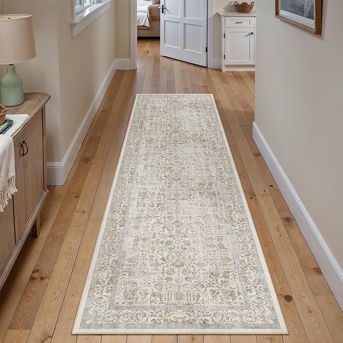 Taupe Runner Rug 3x8 Hallway Machine Washable Kitchen Vintage Distressed Non Slip Long Carpet Indoor Retro Floral Bedroom Accent Throw Rug for Bathroom Office Laundry Dining Living Room