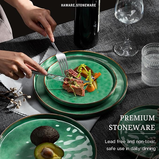 HaWare Dinnerware Sets, 12-Piece Plates and Bowls Set, Stoneware Dish Set for 4, Ceramic Dinnerware for Home Restaurant, Chip and Scratch Resistant, Microwave and Dishwasher Safe, Reactive Green
