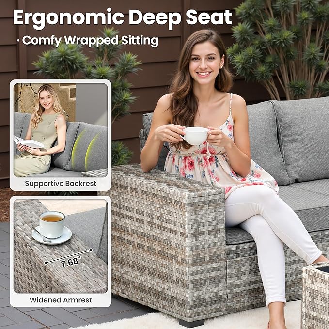 ovios 9 Pieces Patio Furniture Set, Outdoor Wicker Sectional Sofa with 2 Swivel Chairs Coffee Table, Modern Modular Deep Seat Rattan Couch Conversation Sets, Dark Grey