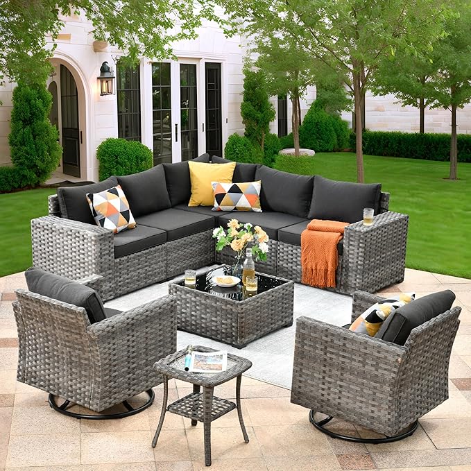 ovios 9 Pieces Patio Furniture Set, Outdoor Wicker Sectional Sofa with 2 Swivel Chairs Coffee Table, Modern Modular Deep Seat Rattan Couch Conversation Sets, Black