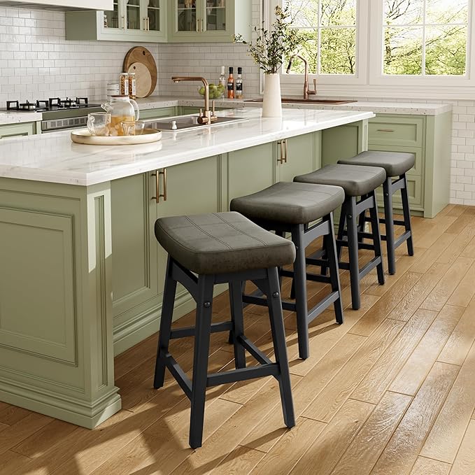 MAISON ARTS Grey Counter Height Bar Stools Set of 4 for Kitchen Counter Solid Wood Legs with Faux Leather Saddle Seat Farmhouse Barstools for 34"-38" Counter Island Upholstered Stools, 24in Height