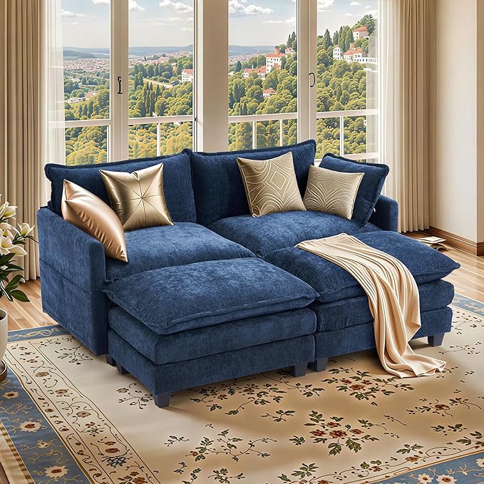 SweetGO corporation 40" Chenille Lounge Chair for Reading, Modern Couch Cozy Sofa Bed, Upholstered Living Room Single Sofa Accent Chair with Ottoman Set of 2, Blue
