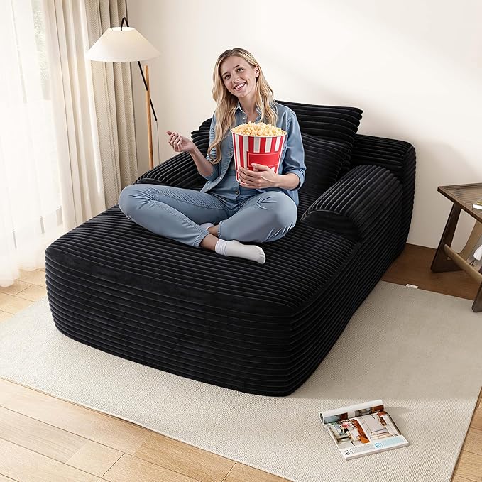 67" Oversized Chaise Lounge Chair Indoor, Comfy Sleeper Sofa Bed, Black Plush Corduory Couch for Living Room Bedroom,Sofa in A Box,No Assembly Required.