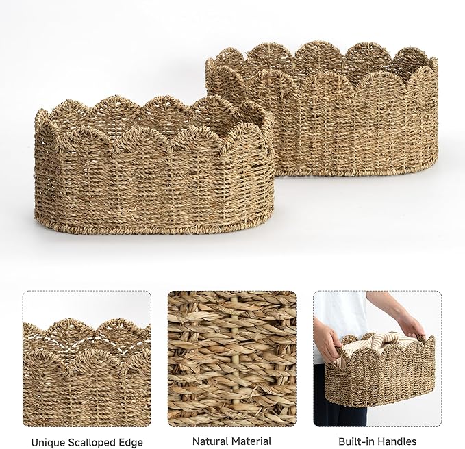 StorageWorks Scalloped Wicker Basket, Hand-woven Rattan Baskets with Built-in Handles, Seagrass Basket for Organizing and Decor, 2 Pack