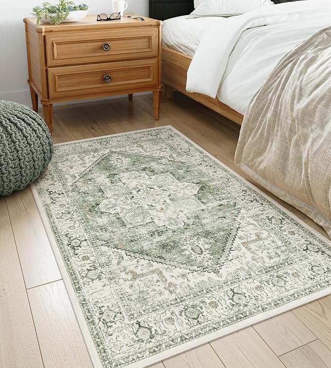 LIVEBOX Washable Area Rug 3x5 - Vintage Tribal Non-Slip Indoor Rugs for Kitchen Entryway, Low-Pile Front Door Mat Print Distressed Accent Throw Rug for Bedroom Entry Foyer Laundry Room, Sage