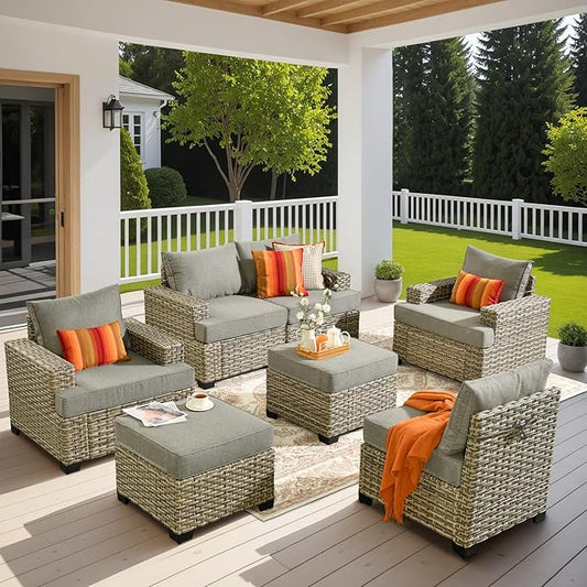 HOOOWOOO Outdoor Sectional Patio Furniture Set,7 Pieces Wicker Conversation Sets,Extra Deep Out Door Sofa Outside Furniture Couch with Ottoman,Charcoal Gray