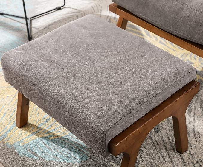 Wahson Set of 2 Mid Century Arm Chairs and Ottomans, Upholstered Accent Armchair with Wood Frame and Canvas Cushions, Leisure Slipper Chair for Living Room/Bedroom, Grey