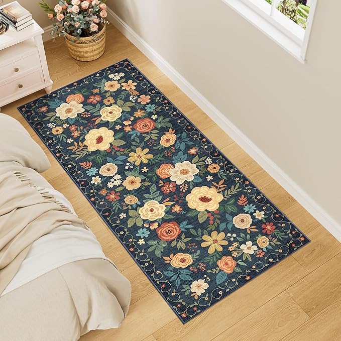 DUKINO 2x5 Runner Rug for Hallway, Washable Kitchen Floral Runner Rug with Non Slip Backing, Low Pile Soft Boho Carpet for Kitchen, Hallway, Entryway, Laundry, Bedroom, Navy Blue