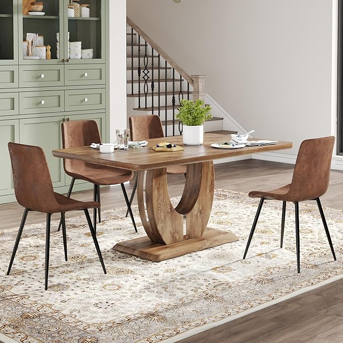 Wooden Dining Table Set for 4, 63" Rectangular Kitchen Table with Upholstered Chairs, Modern Dining Room Furniture with Faux Leather Seating and Sturdy Metal Legs, Brown Farmhouse Table Set