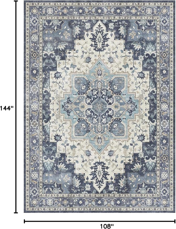 GENIMO 9x12 Area Rugs for Living Room, Machine Washable Non Slip Vintage Rugs, Low Pile Lightweight Chenille Print Rug for Bedroom, Dining Room, Home Office, Center Blue