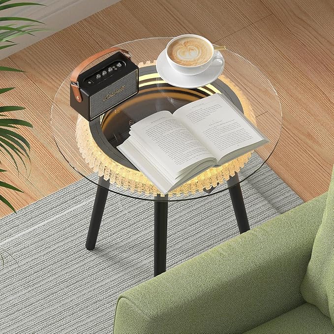 Bigbiglife Small Coffee Table with Led Light, Luxury Round Table with 3D Mirror, Glass Side Table for Appartment Home Living Room