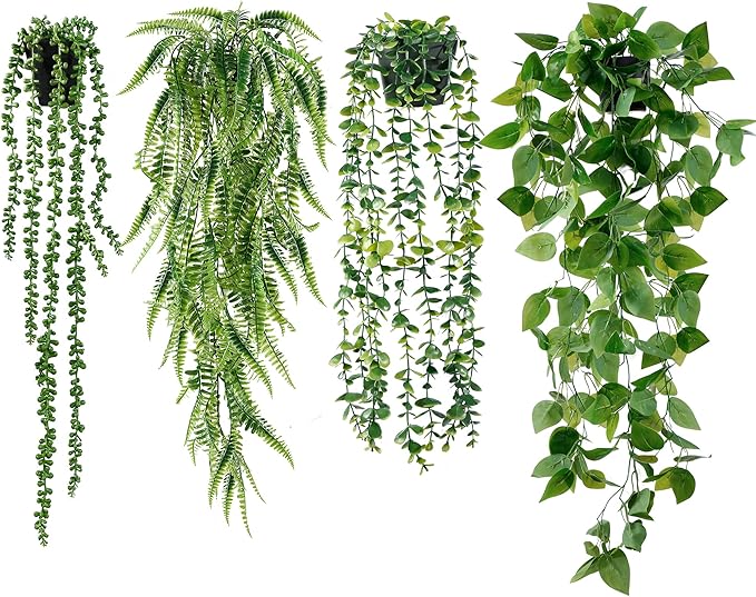 Sggvecsy Fake Hanging Plants 4 Pack Artificial Hanging Plants Fake Potted Greenery Faux Eucalyptus Vine String of Pearls Boston Fern Ivy Vine Leaves for Home Indoor Outdoor Shelf Wall Garden Decor