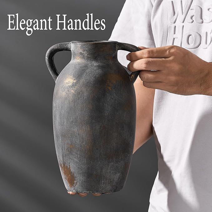 9.84 Inch Terracotta Vase with Handles, Ceramic Rustic Vase for Home Decor, Vintage Antique Farmhouse Decor for Living Room, Table, Thanksgiving - Black Bronze