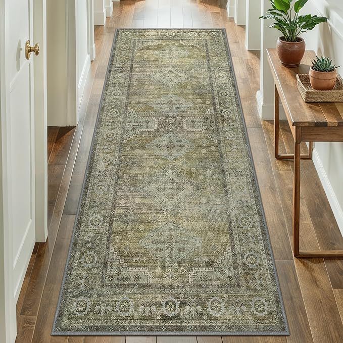 GENIMO Runner Rug 2x7 Non Slip Machine Washable Vintage Hallway Runner Rugs, Low Pile Lightweight Mat for Living Room, Entryway, Bedroom, Kitchen and Corridor, Distressed Sage