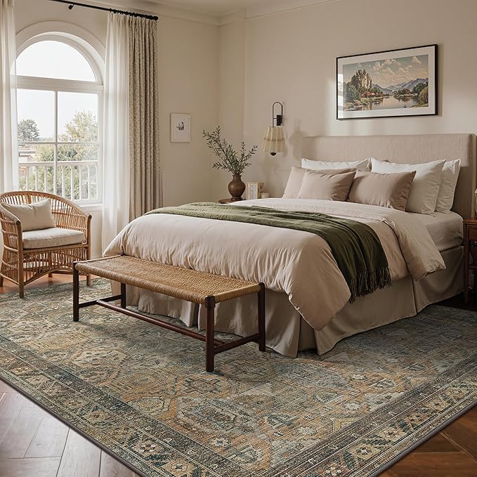 GENIMO 6x9 Area Rugs for Living Room, Machine Washable Non Slip Vintage Rugs, Low Pile Lightweight Chenille Print Rug for Bedroom, Dining Room, Home Office, Warm Taupe