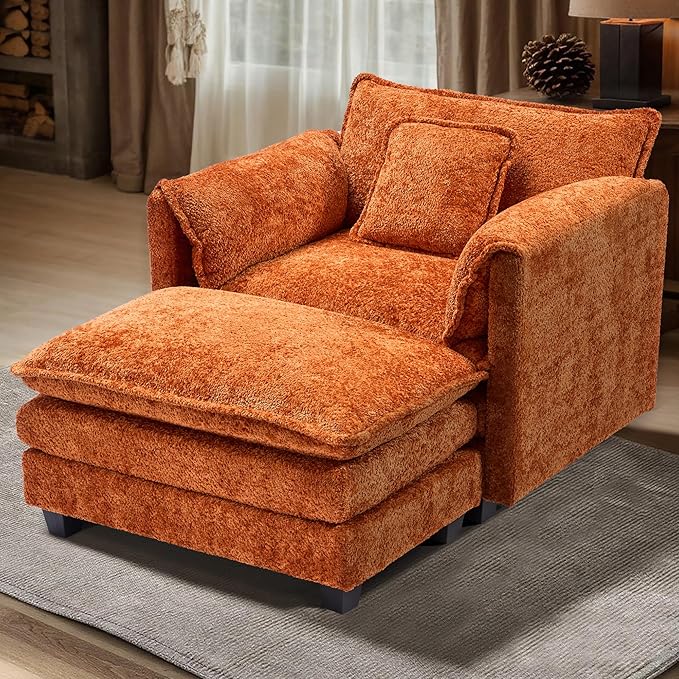 SweetGO corporation 42" Plush Single Sofa Accent Chair with Ottoman for Living Room/Bedroom, Modern Couch for Cozy Lounge Chair for Reading, Orange