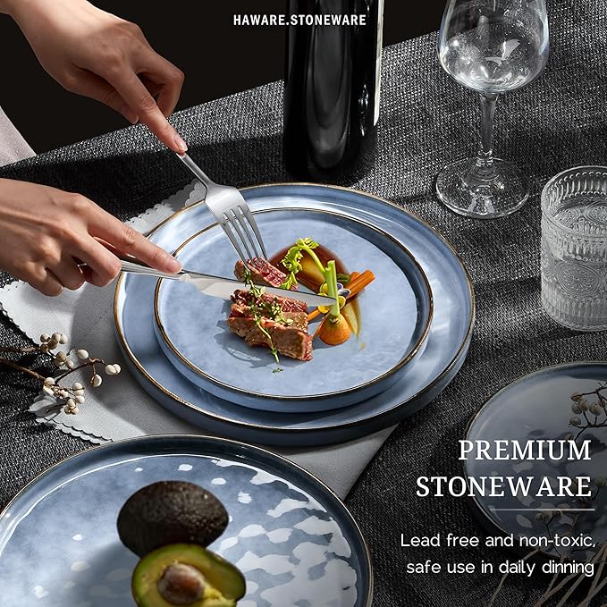 HaWare Dinnerware Sets, 16-Piece Plates and Bowls Set, Stoneware Dish Set for 4, Ceramic Dishware Set for Pasta Cereal, Chip and Scratch Resistant, Microwave and Dishwasher Safe, Reactive Blue