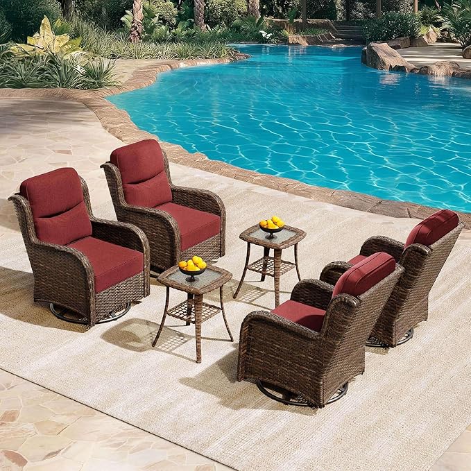 HILLGA Luxury Patio Furniture Set with 6-Inch Thick Cushions, High Back Outdoor Swivel Rocker Chairs and Table, 6-Piece All Weather Conversation Set for Porch Deck Balcony Yard, Burgundy (V3)
