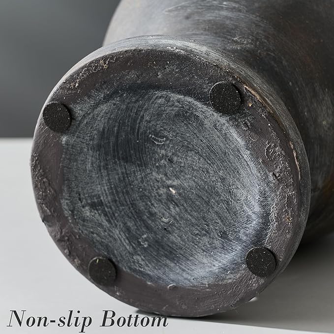 Ceramic Rustic Flower Vase with Handles, 8.36 Inch Tall Vintage Pottery Home Decor, Farmhouse Terracotta Vase for Living Room, Table, Shelf, Mantel Decoration, Farmhouse- Black