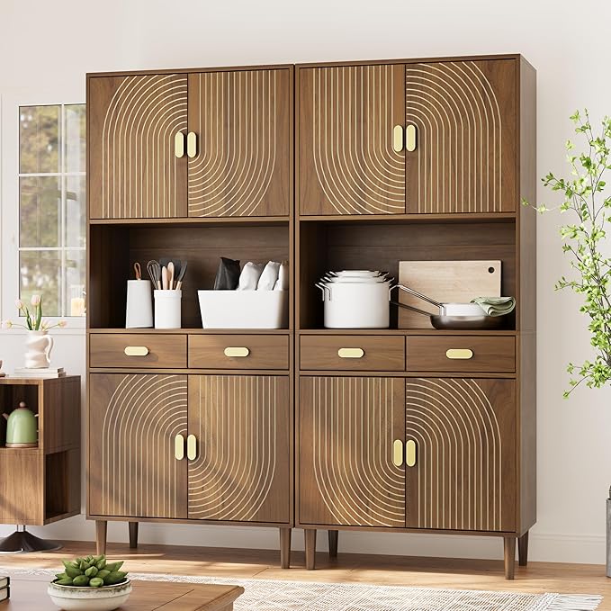 Smuxee 70.87" Walnut Kitchen Pantry Cabinet, Tall Food Pantry Cabinet with Line Groove Design, Kitchen Hutch with Microwave Stand for Dining Room Living Room