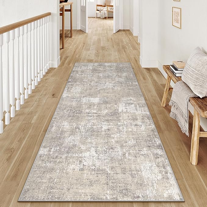 Machine Washable Runner Rug 2x6 Beige Gray Hallway Neutral Indoor Accent Modern Abstract Kitchen Low Pile Carpet Non Slip Distressed Throw Area Rug Living Room Bedroom Office Dining Room