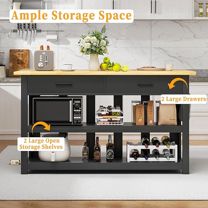 47.3" Solid Rubberwood Kitchen Island with Power Outlets - Extra Large Work Surface, 2 Drawers & Open Shelves Storage Cabinet for Kitchen Dining Room, Farmhouse Style (Black)