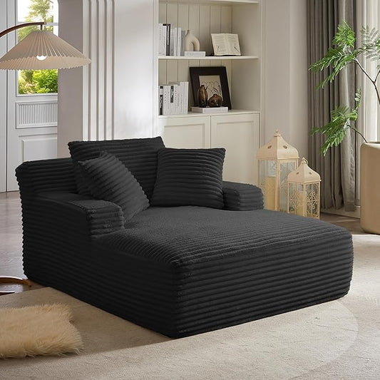 Oversized Chaise Lounge Chair Indoor, Boneless Reading Sleeper Chair Upholstered Corduroy Sofa Bed with Throw Pillows, Cozy Cloud Couch for Living Room, Bedroom, Apartment, Black