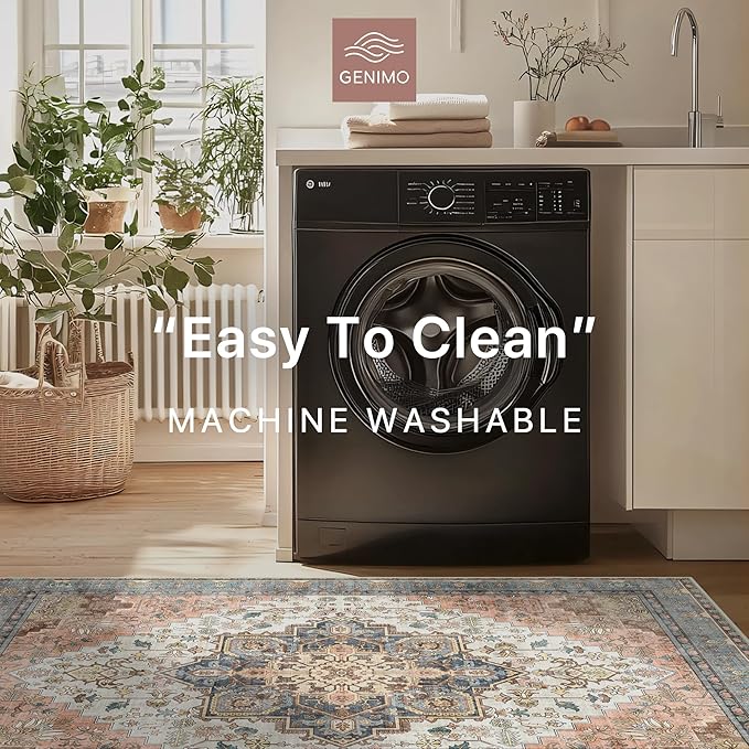 GENIMO 5x8 Area Rugs for Living Room, Machine Washable Low Pile Rugs, Chenille Non Alip Vintage Rug for Bedroom, Dining Room, Home Office, Blue Brick Red