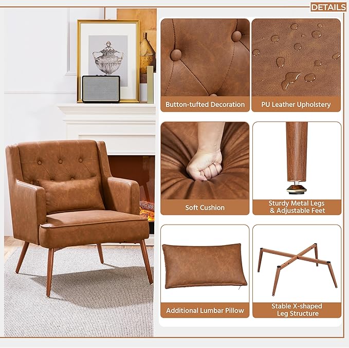 Yaheetech Accent Chair, Living Room Chair Mid Century PU Leather Armchair Lumbar Pillow, Comfy Upholstered Reading Chair Wood Leg Bedroom Lounge Brown