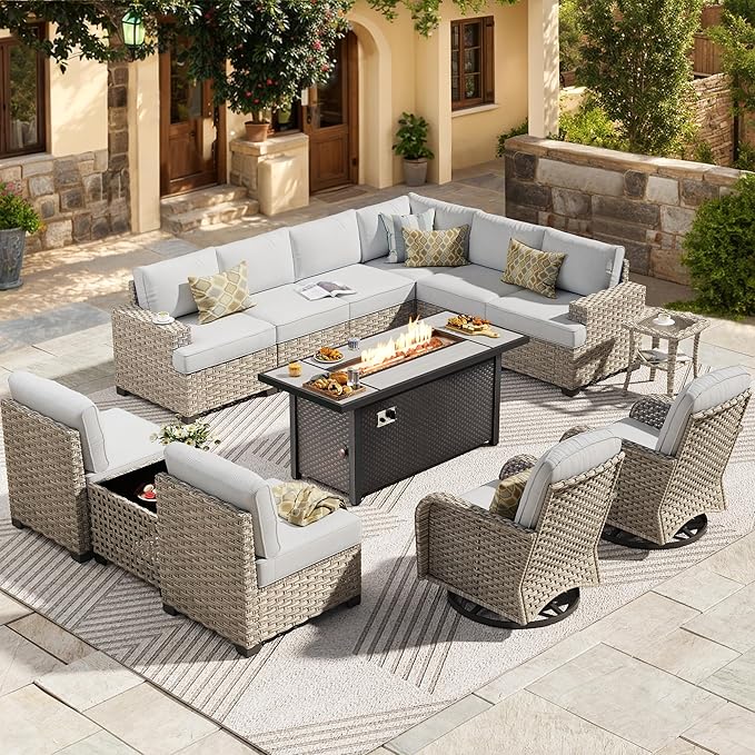 HOOOWOOO Outdoor Sectional Patio Furniture Set with Fire Pit Table,13 Pieces Wicker Conversation Sets L Shaped Couch,Extra Deep Out Door Sofa Outside Furniture with Swivel Chairs,Light Gray